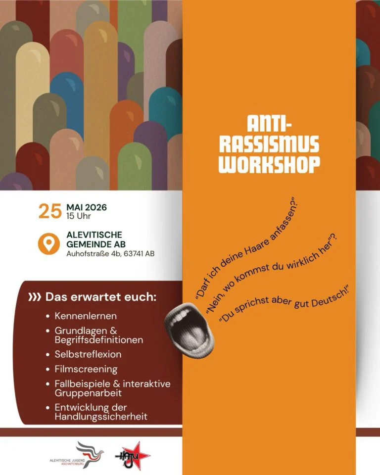 Flyer: Anti-Rassismus-Workshop am 25. Mai 2026, 15 Uhr, Alevitische Gemeinde Aschaffenburg, Auhofstraße 4b – Alevitische Jugend Aschaffenburg und Halkevi-Jugend