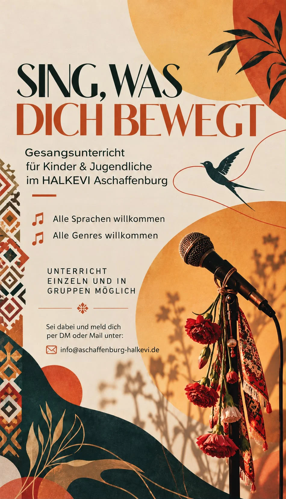 Plakat Gesangsunterricht für Kinder und Jugendliche im Halkevi Aschaffenburg: Sing, was dich bewegt