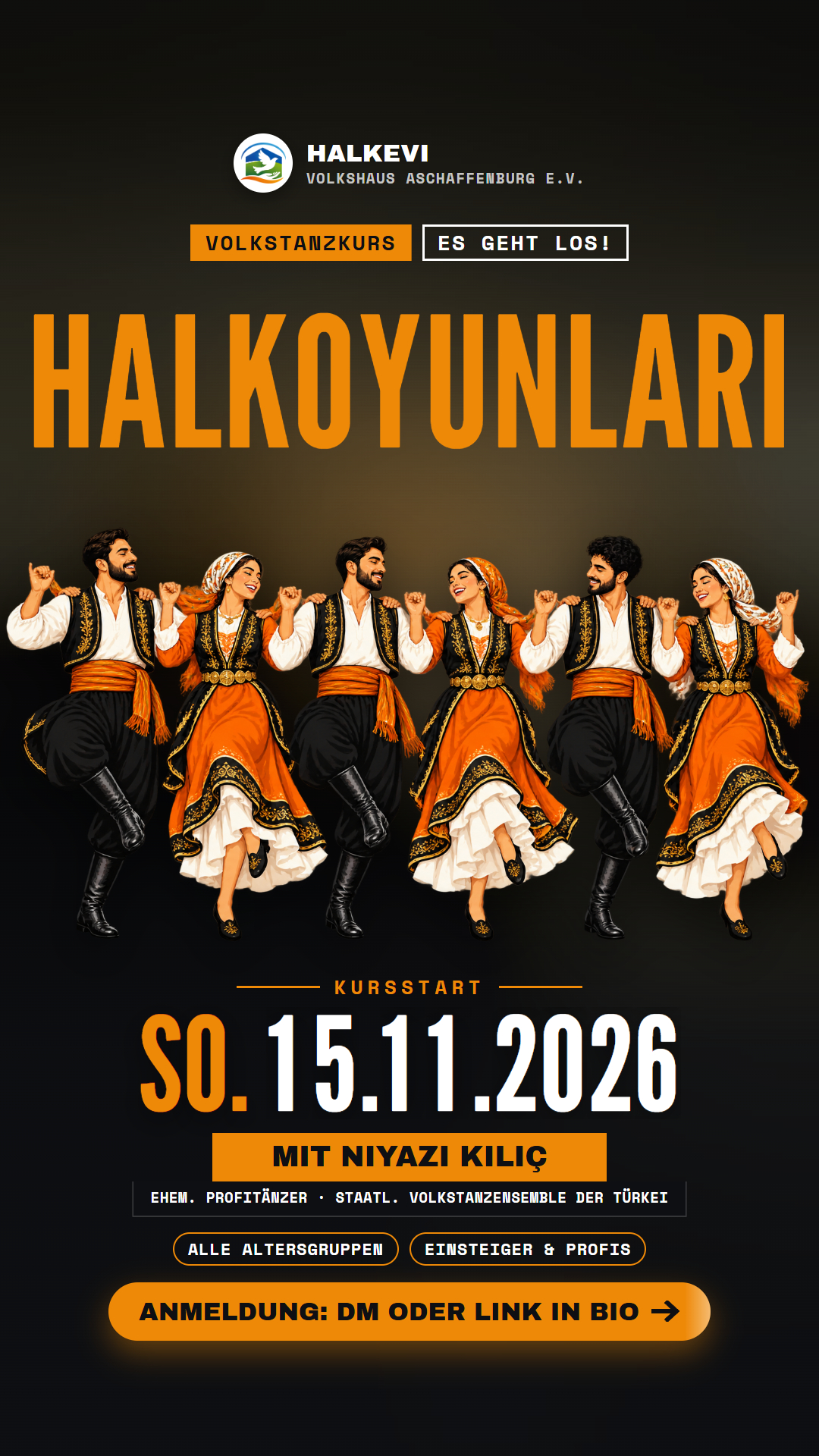 Plakat Volkstanzkurs Halkoyunları: Kursstart Sonntag, 15.11.2026, mit Niyazi Kılıç