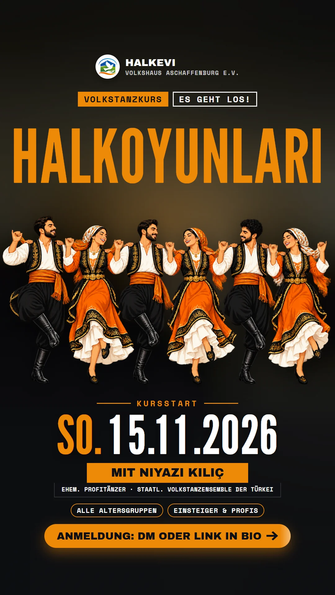 Plakat Volkstanzkurs Halkoyunları: Kursstart Sonntag, 15.11.2026, mit Niyazi Kılıç